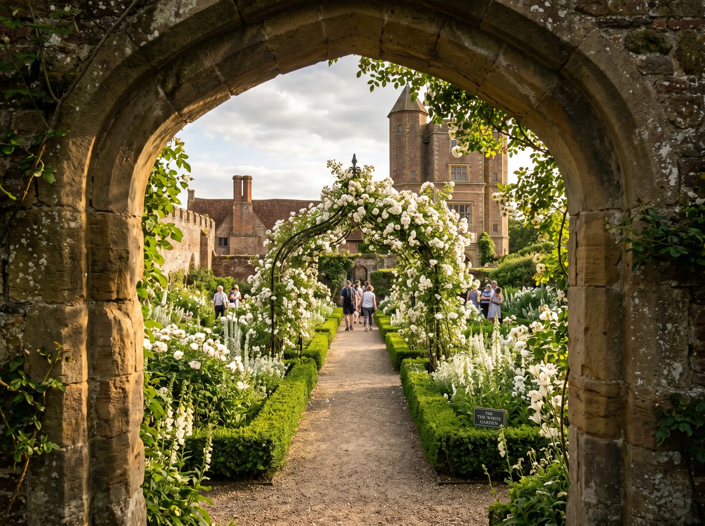 View through stone archway at Sissinghurst Castle Kent leading into the White Garden, low afternoon sun, box hedging visible bordering paths, central iron rose arbour with Rosa Mulliganii in white bloom in centre frame, classic English Heritage scene