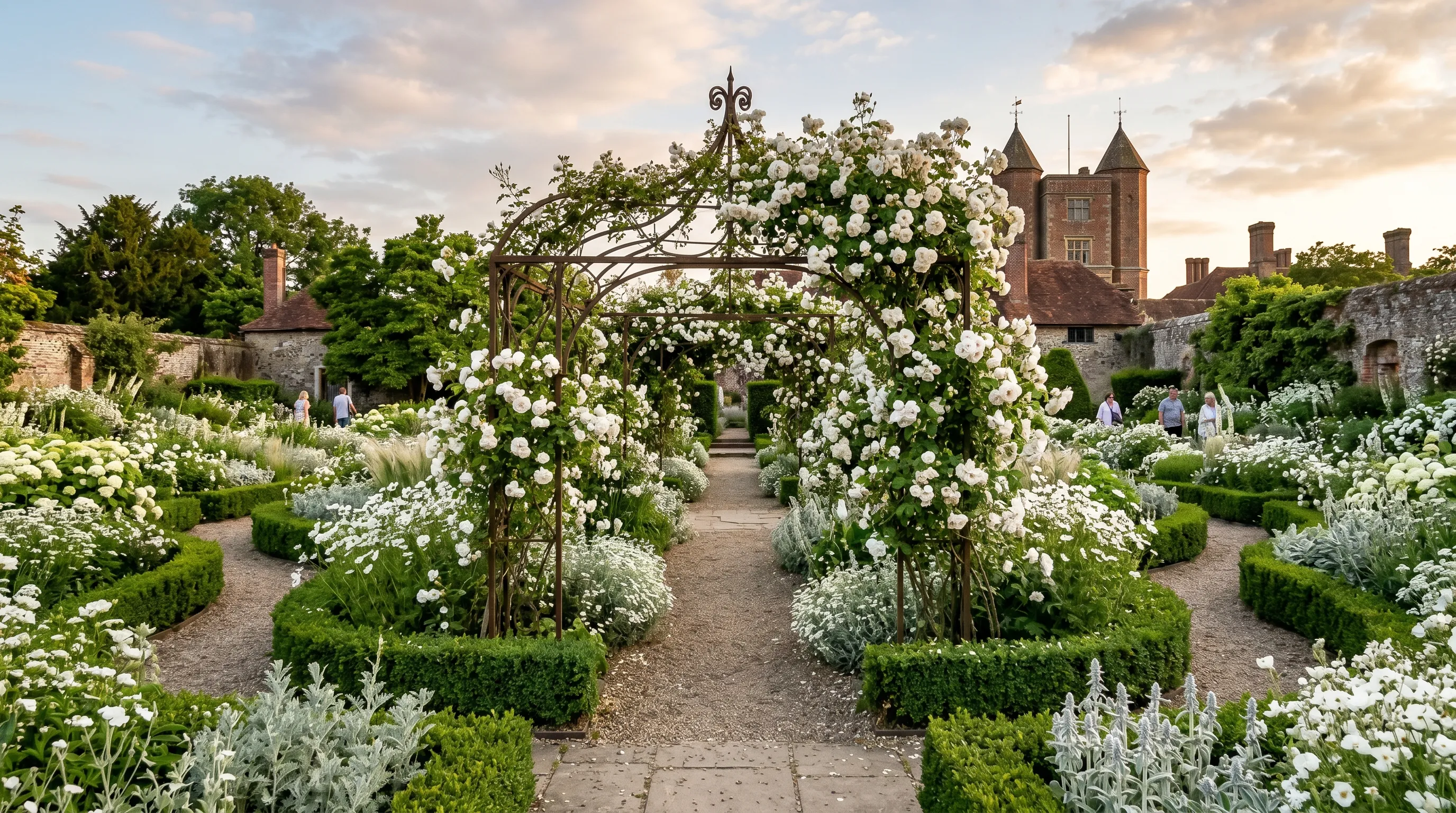 The famous White Garden at Sissinghurst Castle Kent in midsummer, soft evening light, a central iron rose arbour with Rosa Mulliganii in white bloom, surrounded by white-flowered borders and silver foliage, low box hedging defining beds
