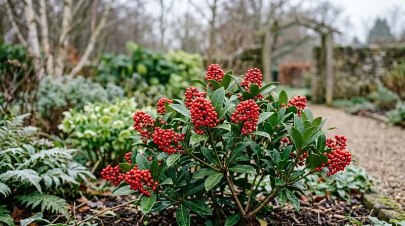 Skimmia (Skimmia japonica) growing in a UK garden