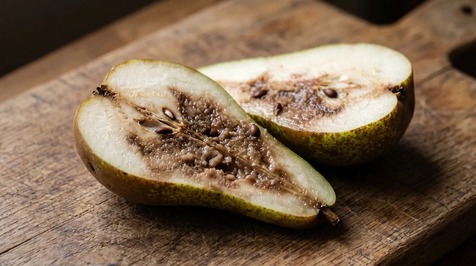 A Conference pear cut lengthways showing brown, grainy, mushy flesh spreading from the core, the sign of a sleepy pear