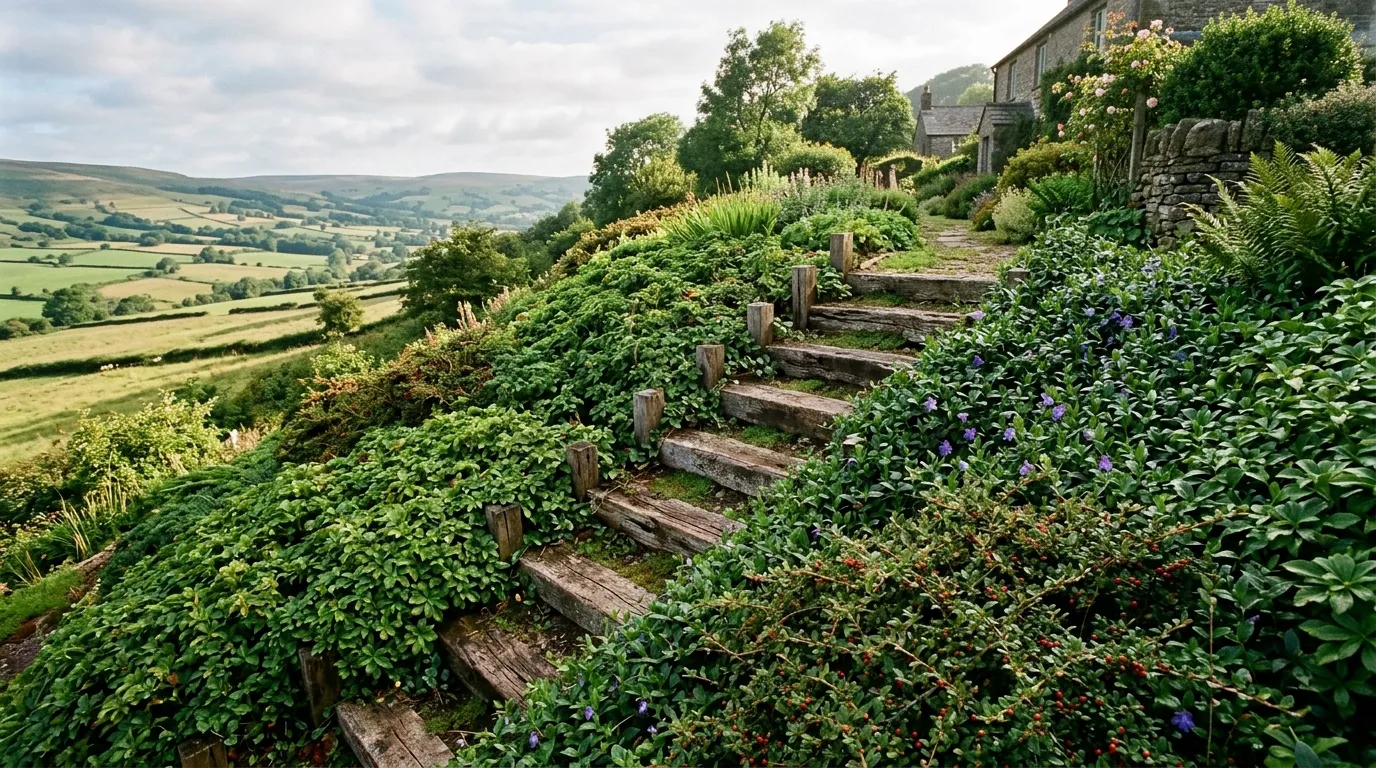 Sloped garden bank planted with Cotoneaster, Vinca, and ornamental grasses stabilising a UK clay slope