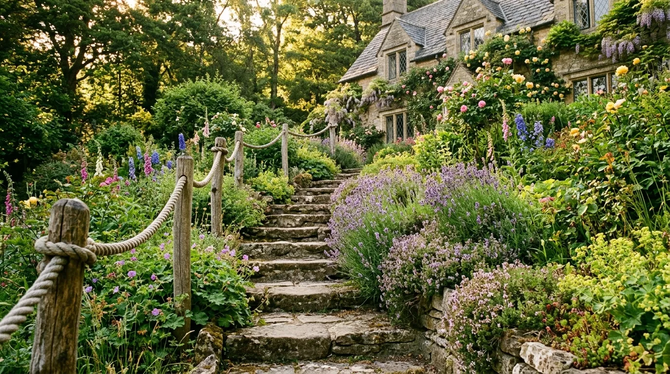 Stone garden steps with low-growing plants on a sloped garden path in a UK setting