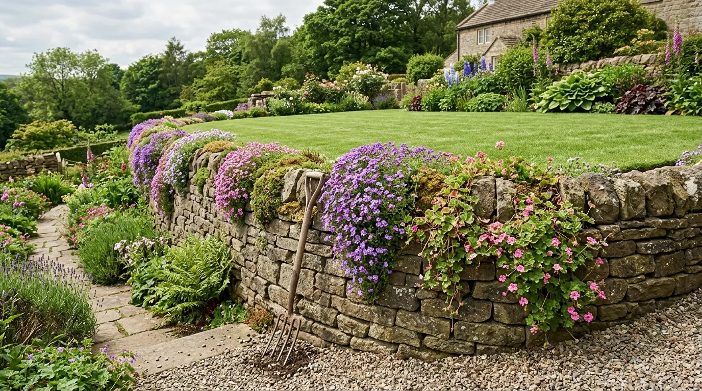 Sloped garden with tiered railway sleeper retaining walls creating level planting terraces on a UK hillside