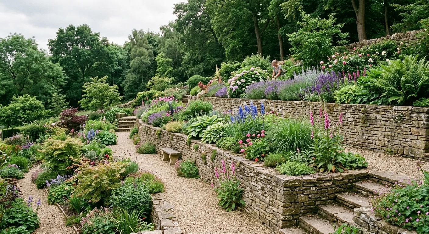 Sloped garden with stone terracing and mixed planting on a UK hillside plot