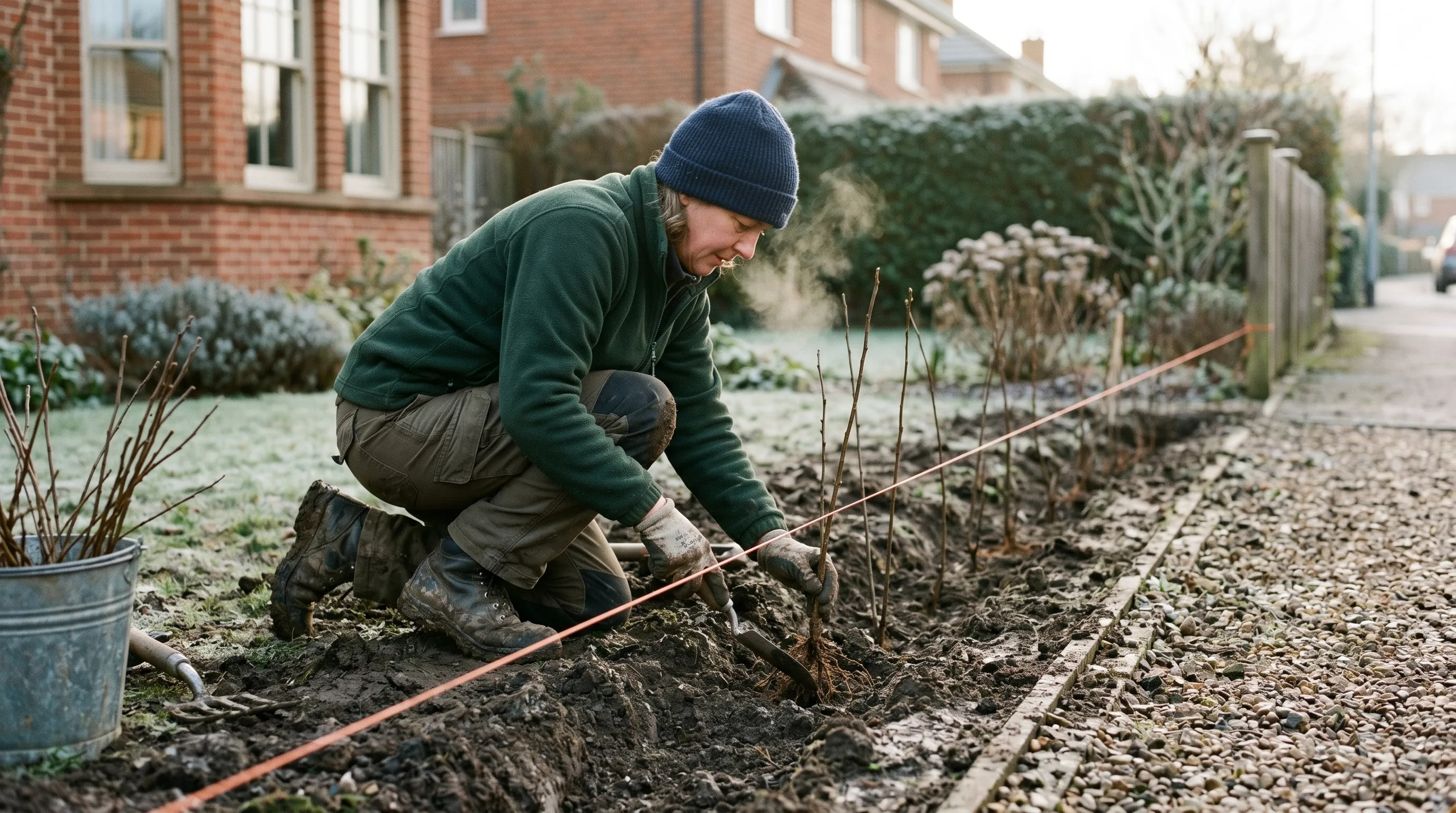 Gardener spacing bare-root hedging whips evenly along a string line in a prepared trench in a suburban UK front garden in winter