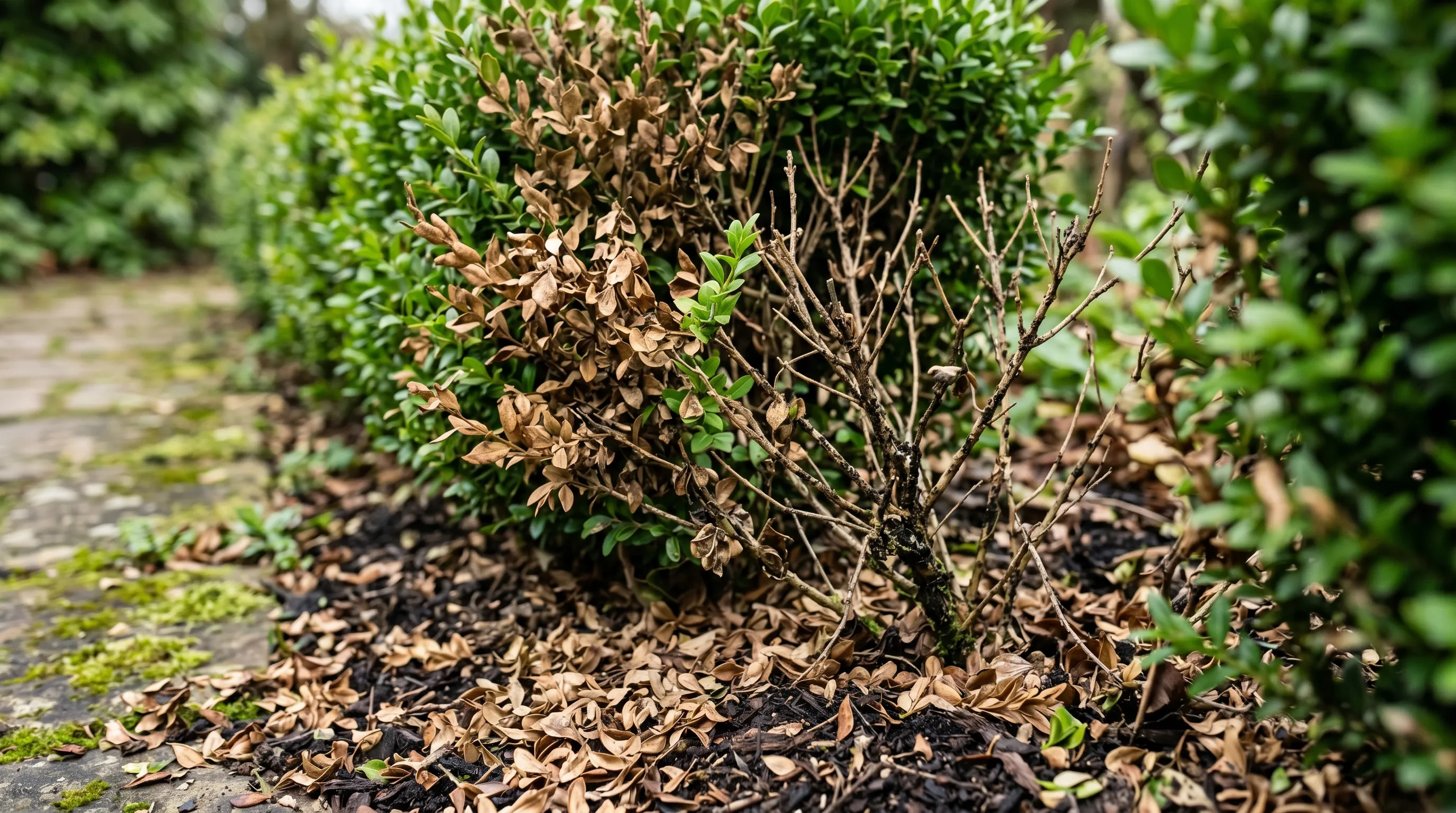Diagnostic close-up of box blight on a clipped Buxus hedge showing brown patches, bare twigs and dropped leaves against healthy green foliage