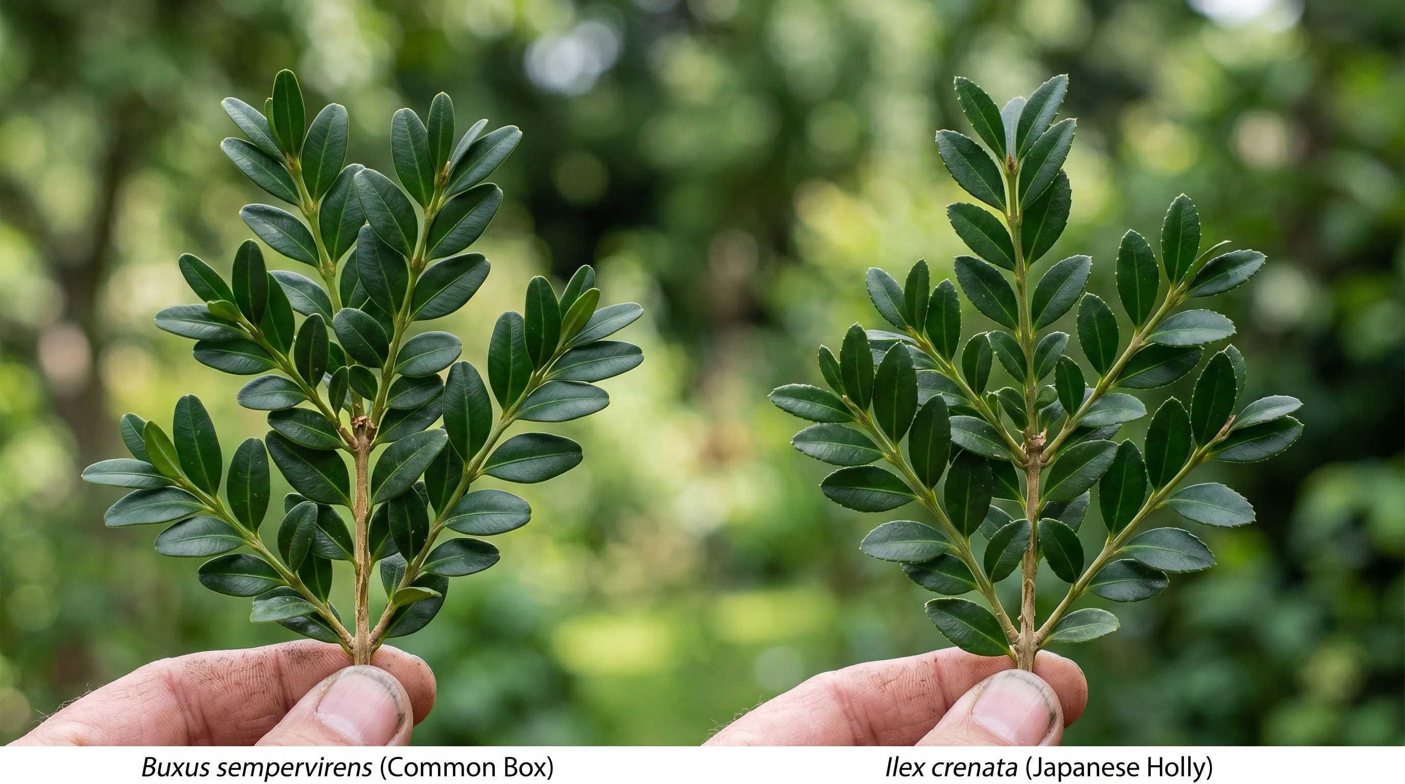 Side-by-side comparison of small-leaved box foliage and Ilex crenata foliage held against a UK garden background showing how alike they look