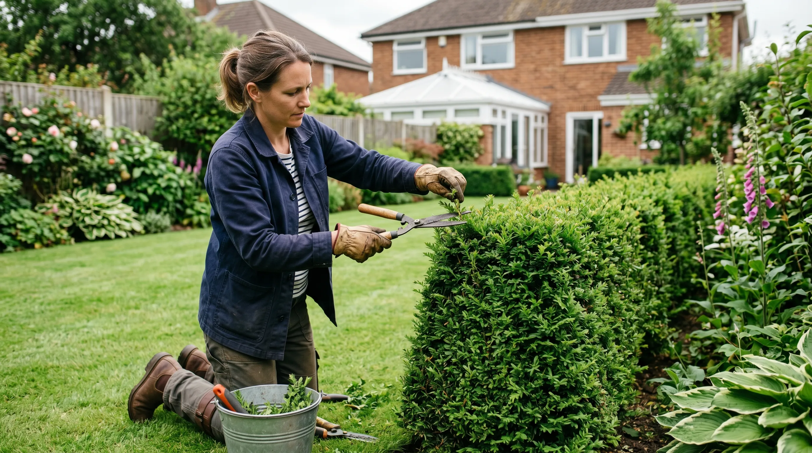 Technical photograph of a gardener using hand shears to formatively prune a young yew hedge with a slight batter, base wider than the top, in a UK back garden