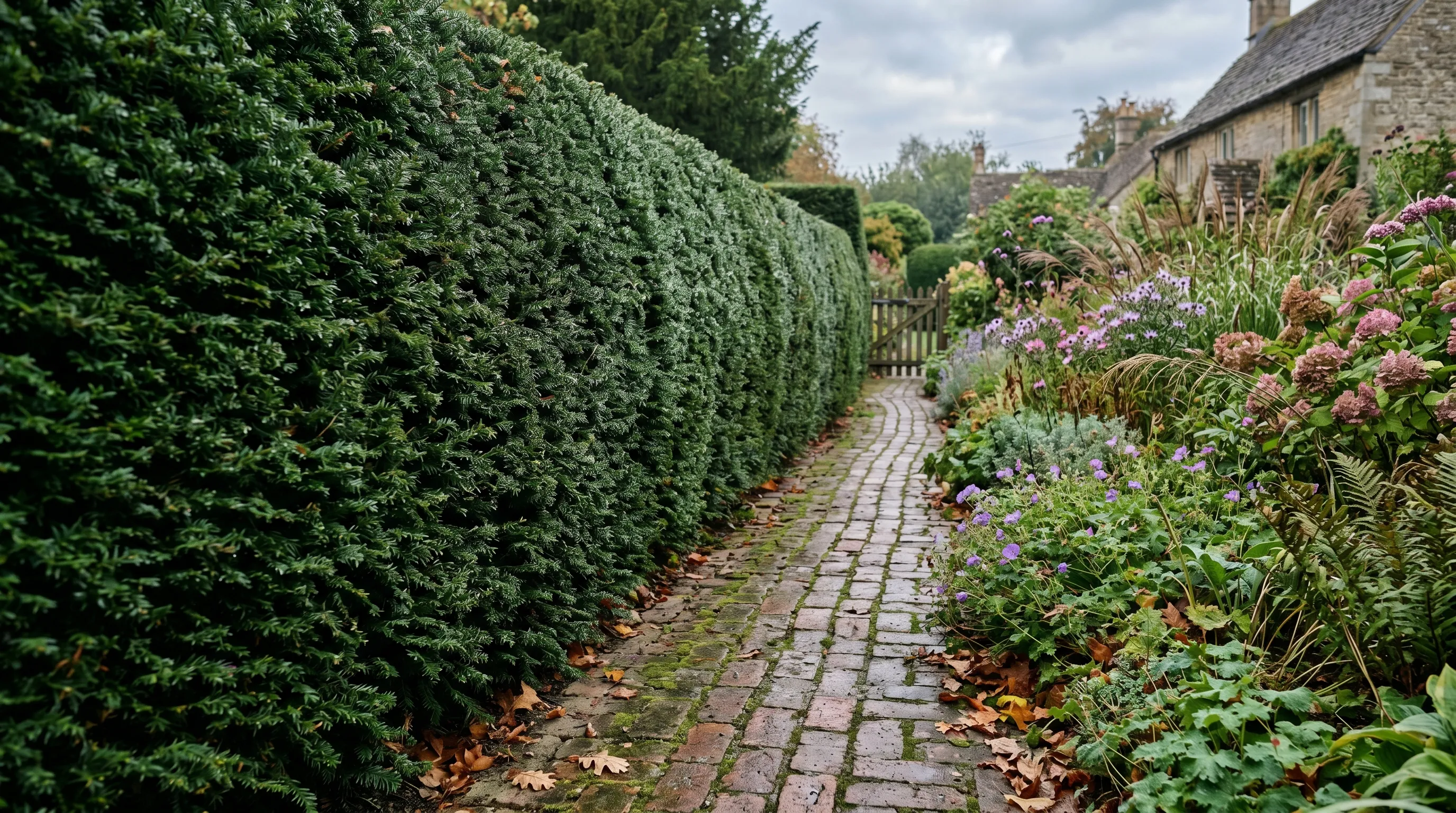 Mature clipped yew hedge forming a dark green wall along a path in a real UK garden with dew on the surface in early light