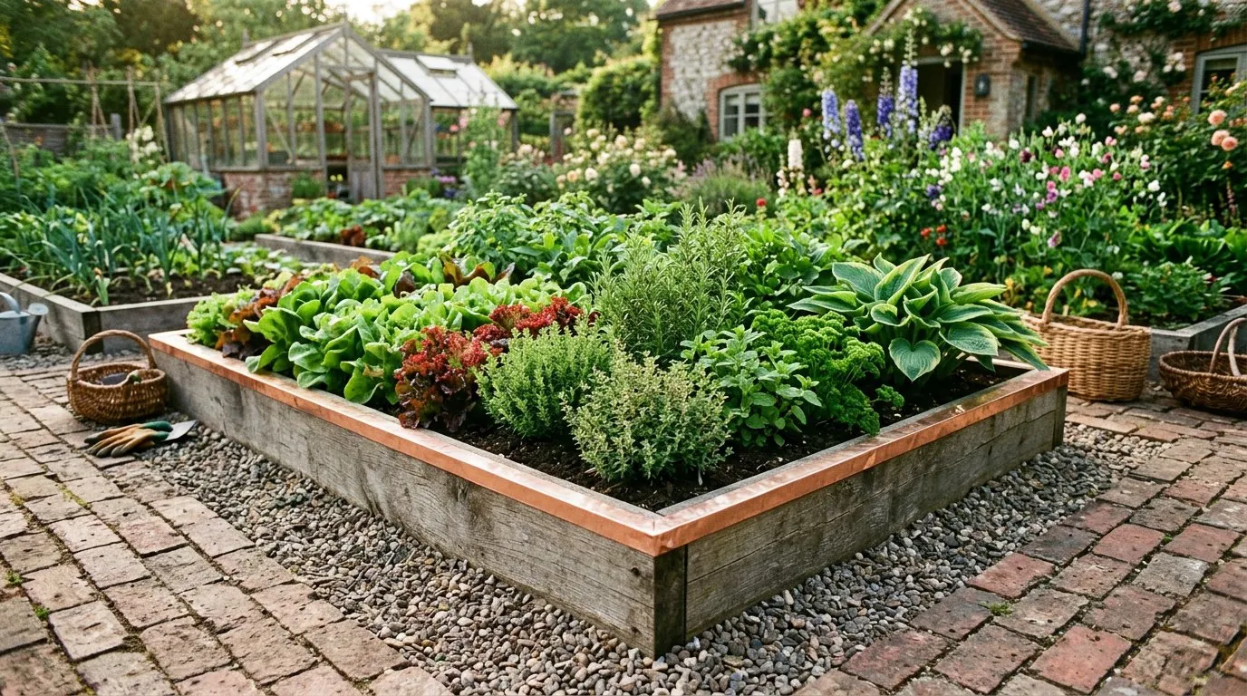 Slug-proof raised bed with copper tape barrier surrounded by gravel mulch in a well-designed kitchen garden