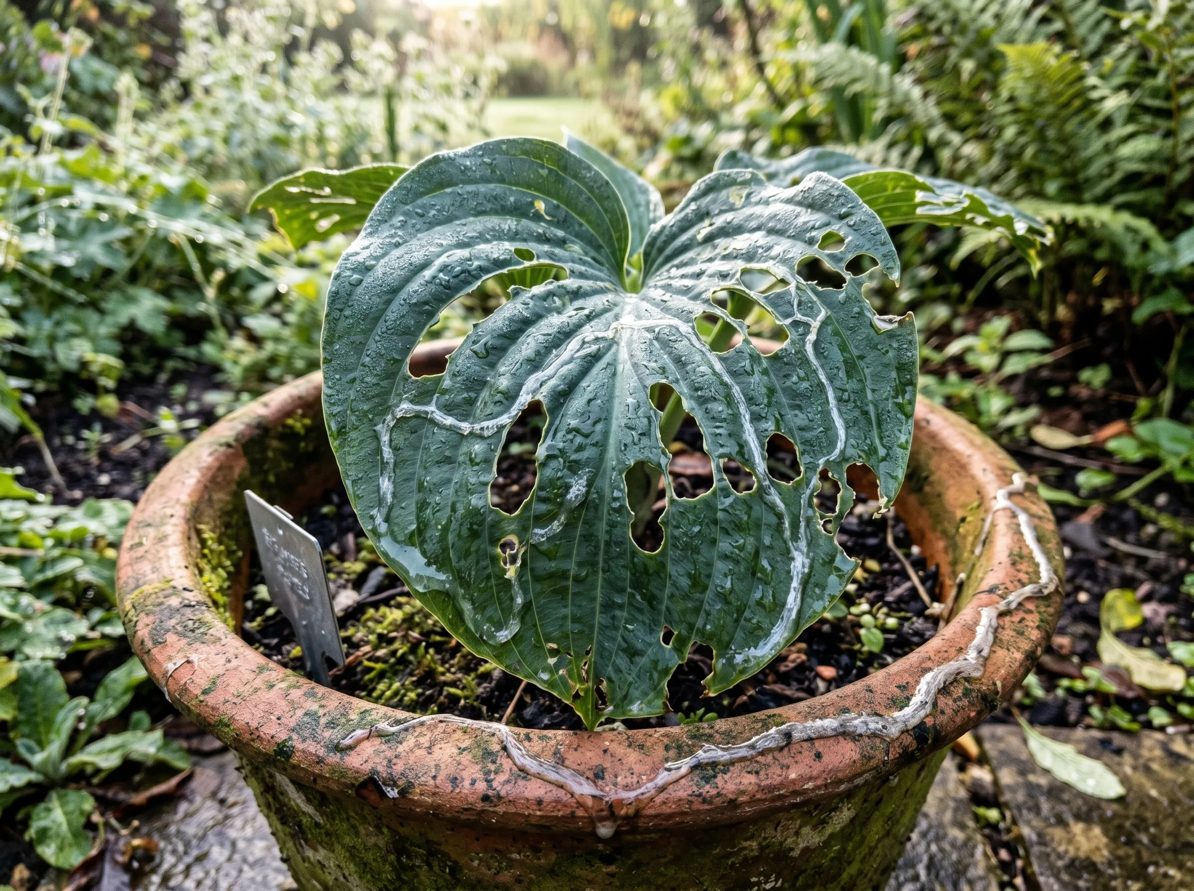 UK garden patio at dawn showing a hosta leaf in a large pot with classic slug-damage holes around the leaf edge, slime trails visible across the leaf surface, the pot rim showing damage track