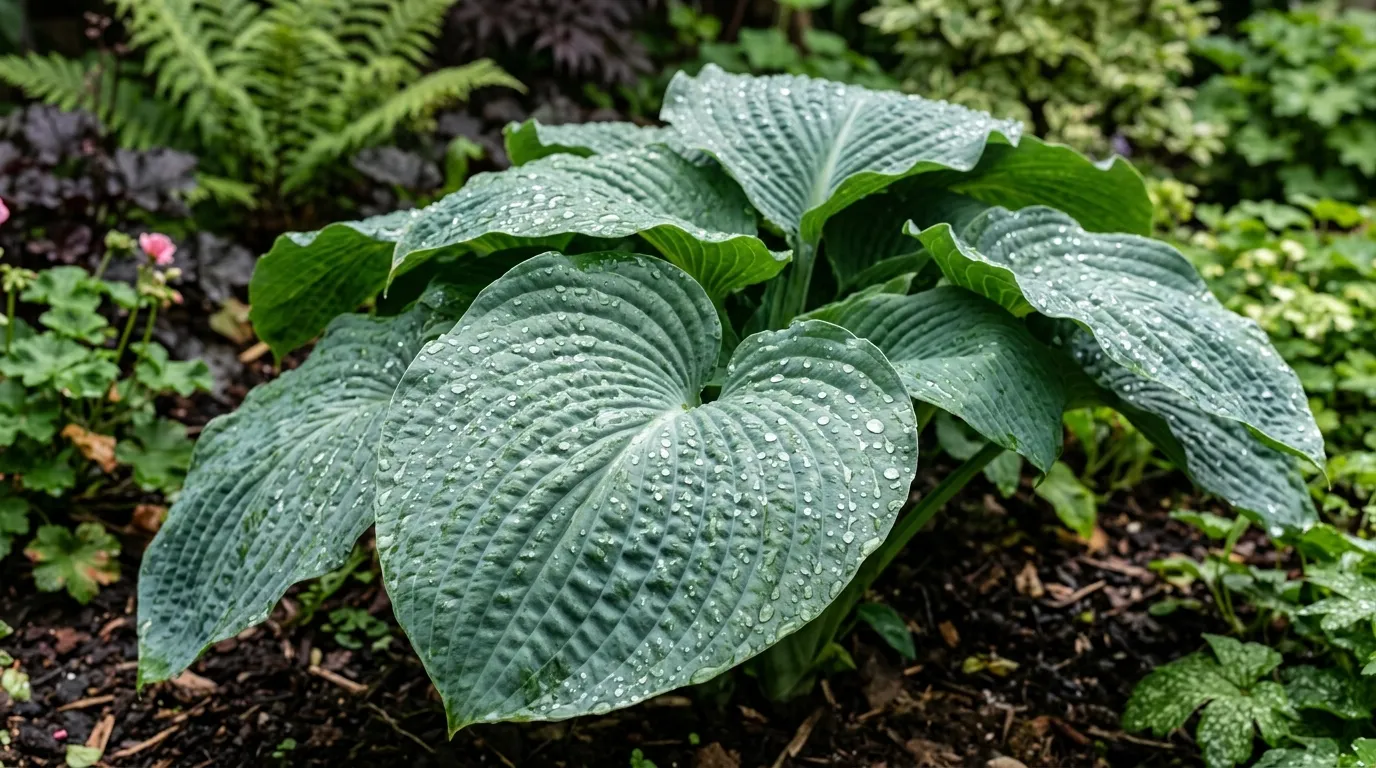 Thick-leaved blue hosta growing in a UK garden border with water droplets on textured leaves