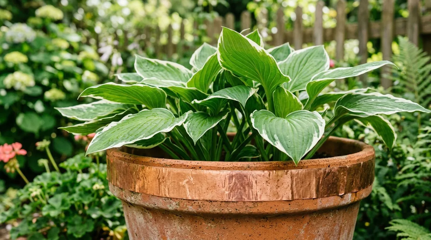 Copper slug tape around the rim of a terracotta pot containing a hosta with clean undamaged leaves