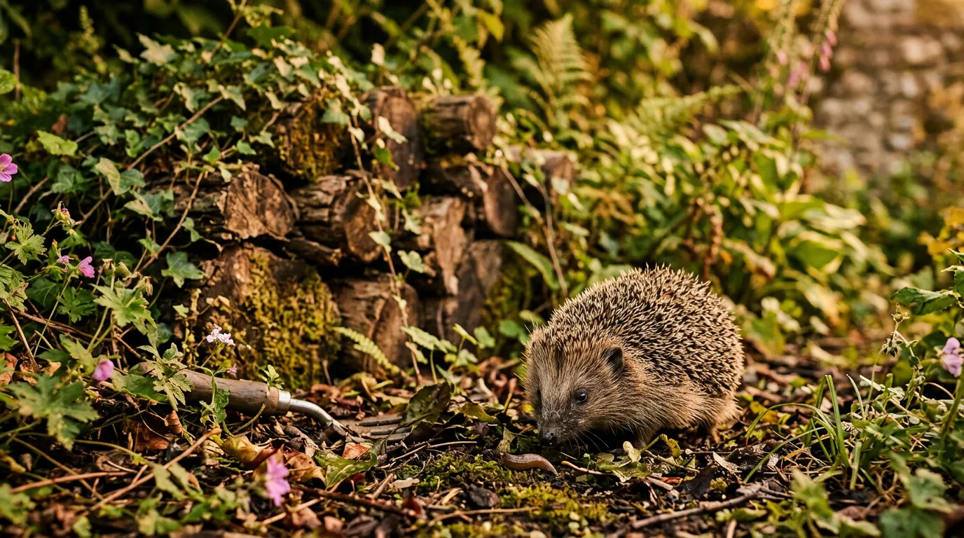 A hedgehog foraging in a garden at dusk near a log pile with ivy growing behind