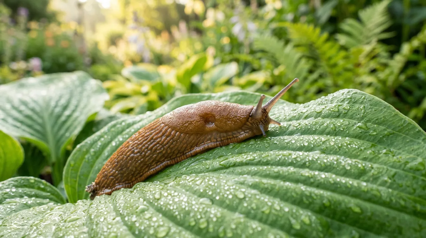 Close-up of a garden slug on a hosta leaf with water droplets in early morning light