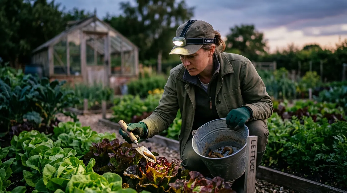 Gardener with a torch and bucket hand-picking slugs from lettuce plants at dusk in a vegetable garden