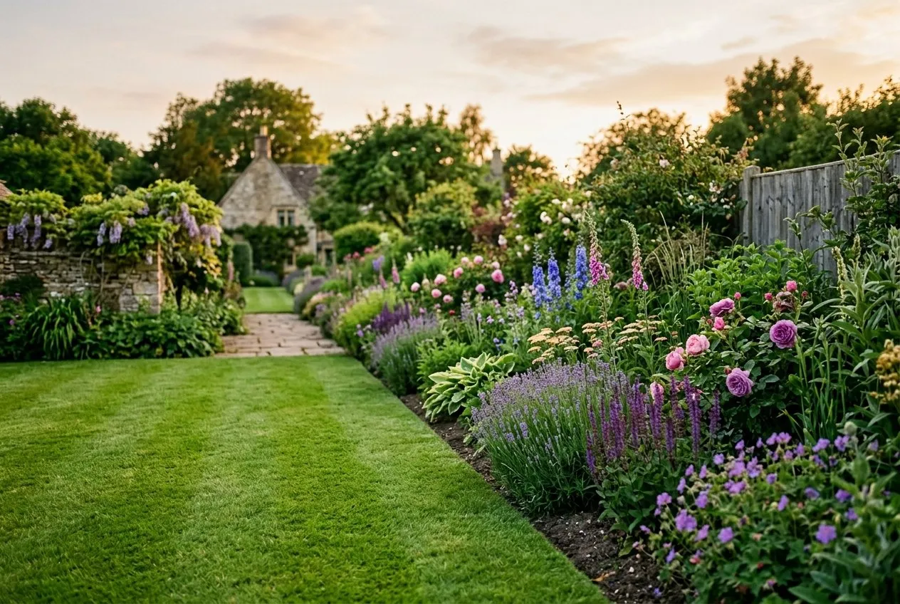 A neat green lawn with crisp short-mown edges beside a planted border at dusk, a wildlife-friendly garden with no slug damage