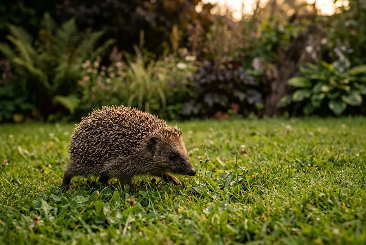A hedgehog snuffling across a green lawn at dusk hunting for slugs, a wildlife-friendly border softly blurred behind