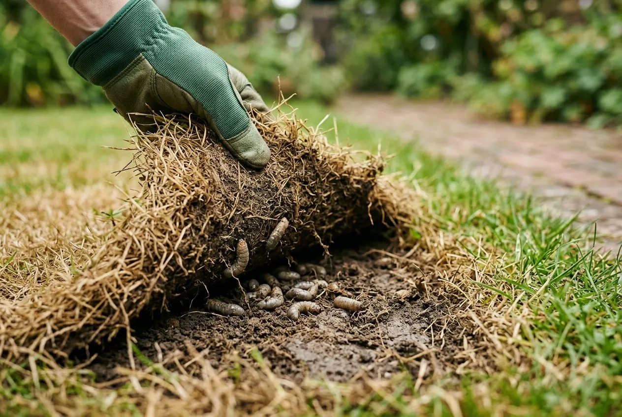 A yellow-brown dead patch of lawn lifting away like loose carpet to reveal leatherjacket grubs in the soil, the real cause of bare lawn patches