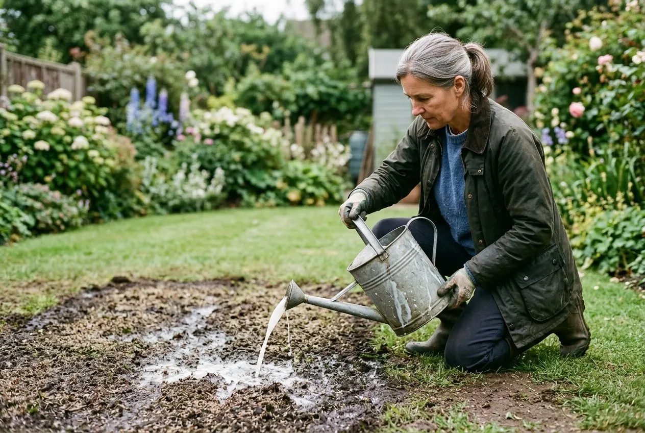 A gardener watering Phasmarhabditis nematode solution from a watering can onto a freshly overseeded patch of lawn on a mild evening