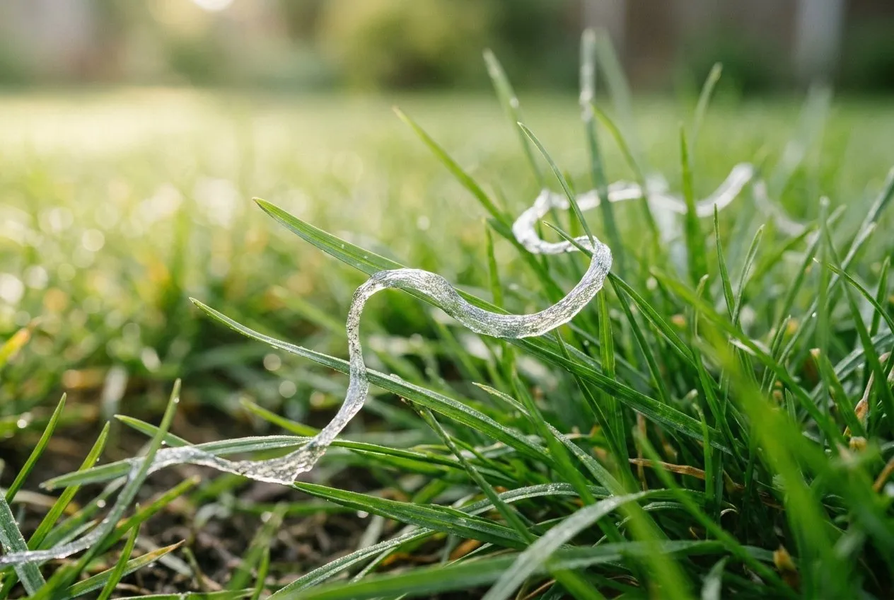 A close view of silvery slug slime trails drying on green lawn grass in early morning light, no visible damage to the blades