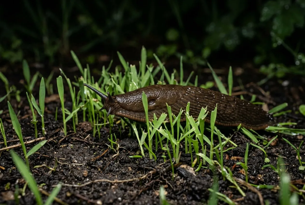 A slug crossing a patch of newly sown grass seedlings at night, the soft young blades grazed and ragged around it