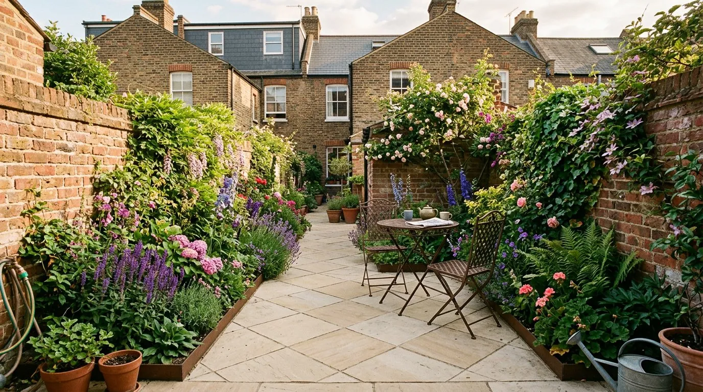 Small garden in a Victorian terrace with pale stone paving laid at a diagonal angle