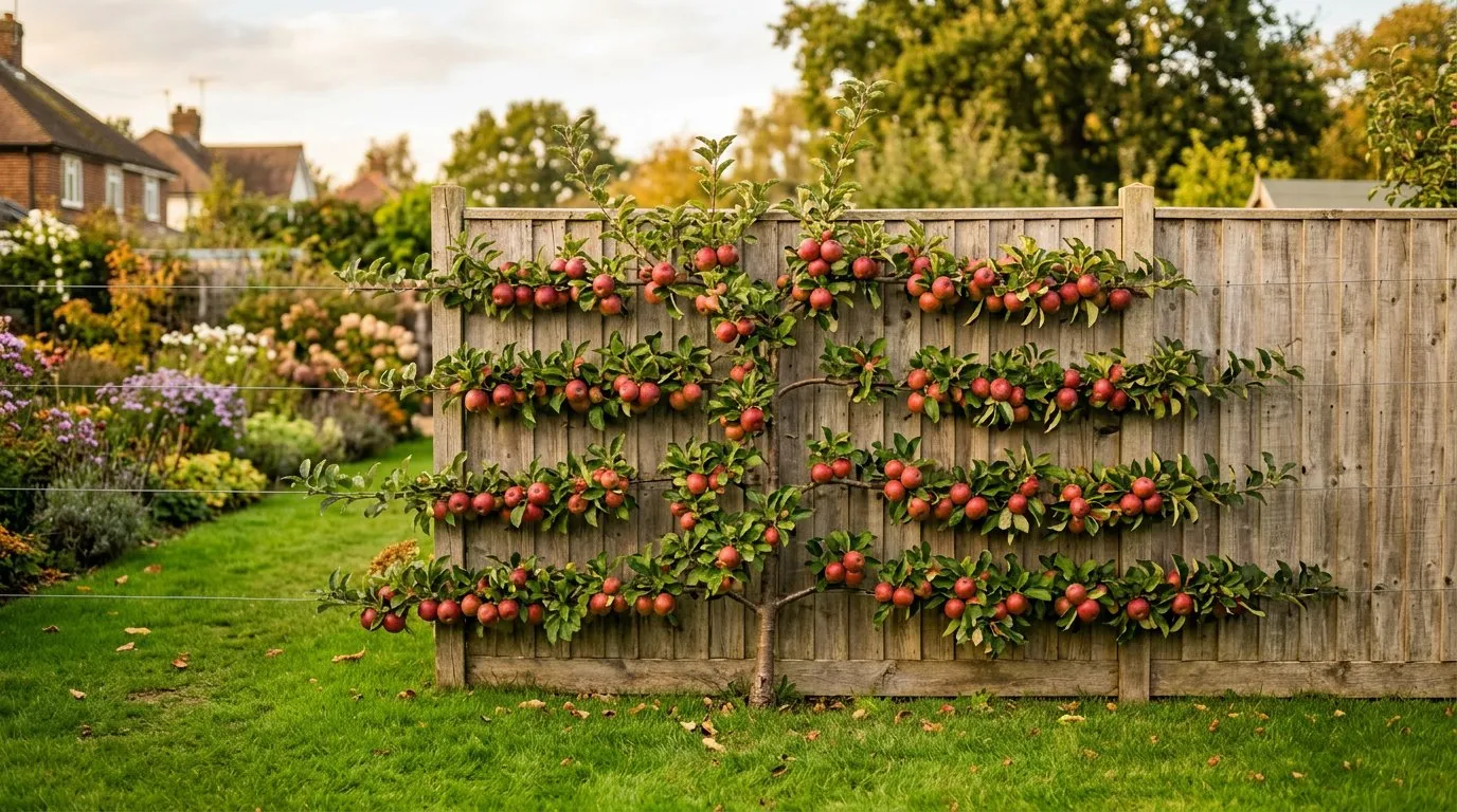 Small garden espaliered apple tree trained flat against a sunny wooden fence laden with red apples