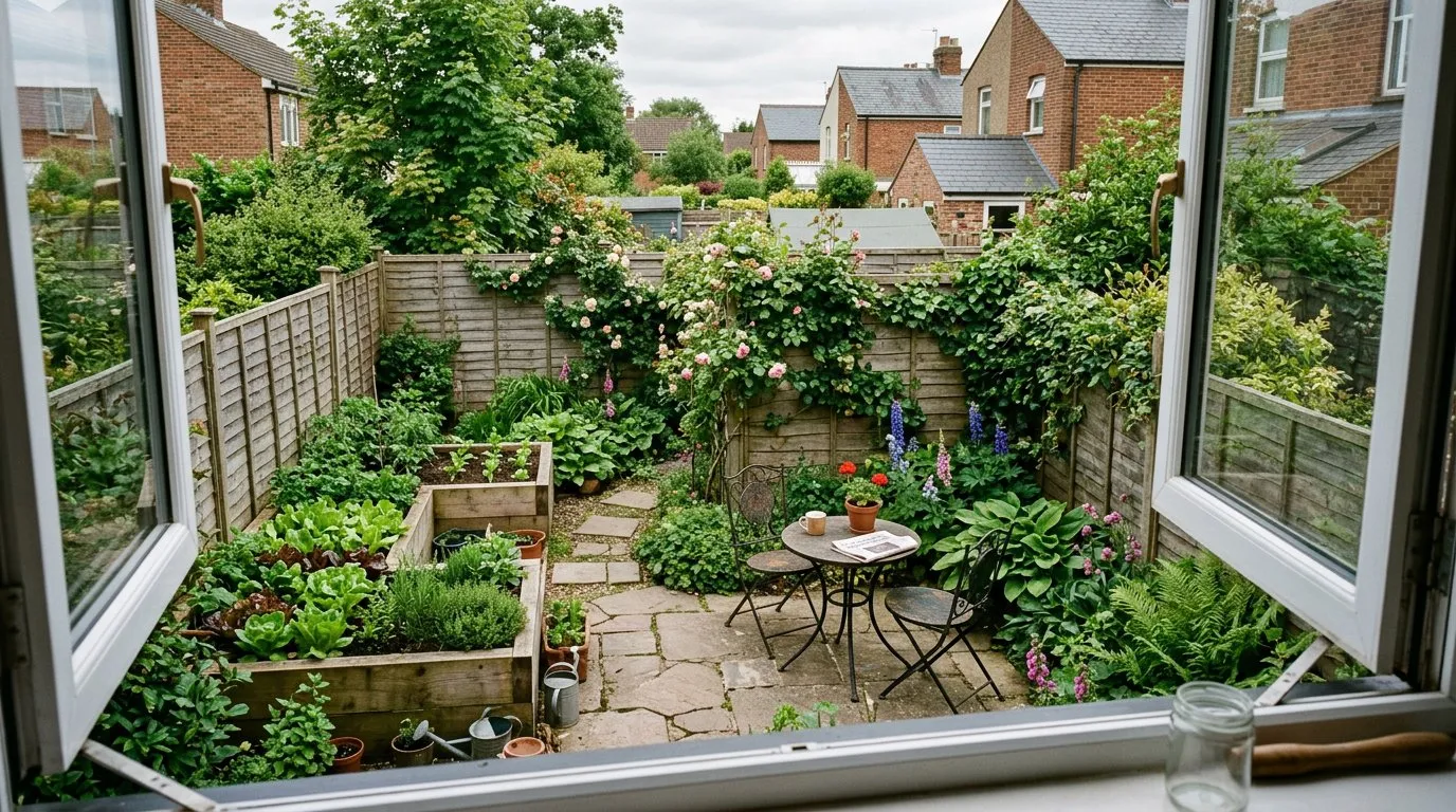 A small garden viewed from an upstairs window with raised beds, stone patio, and climbing roses in a British back garden