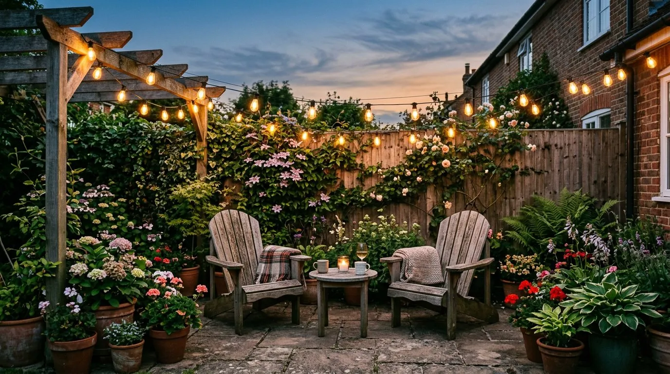 Small garden patio at dusk with warm white festoon lights and wooden chairs