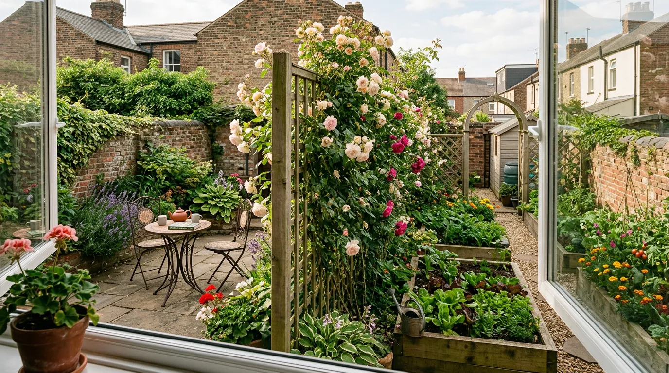 Small British back garden with a trellis screen and climbing roses dividing the space into zones