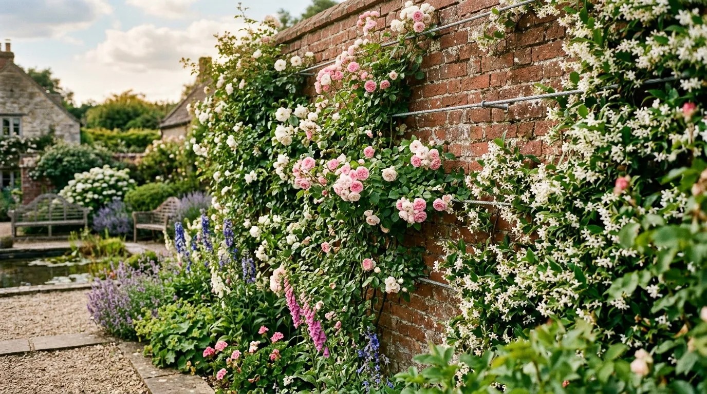 Small garden vertical planting with climbing roses and star jasmine growing up a red brick wall with wire supports