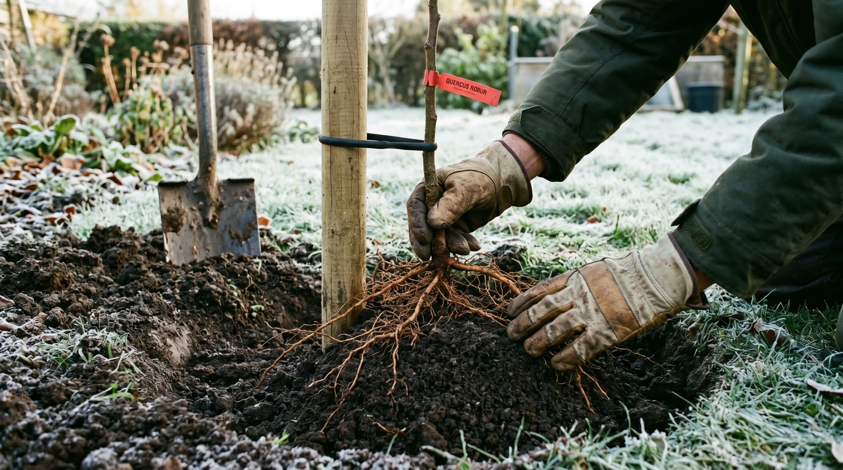 Gloved hands planting a bare-root native tree whip in a UK garden in winter, with a stake and spade beside the planting hole