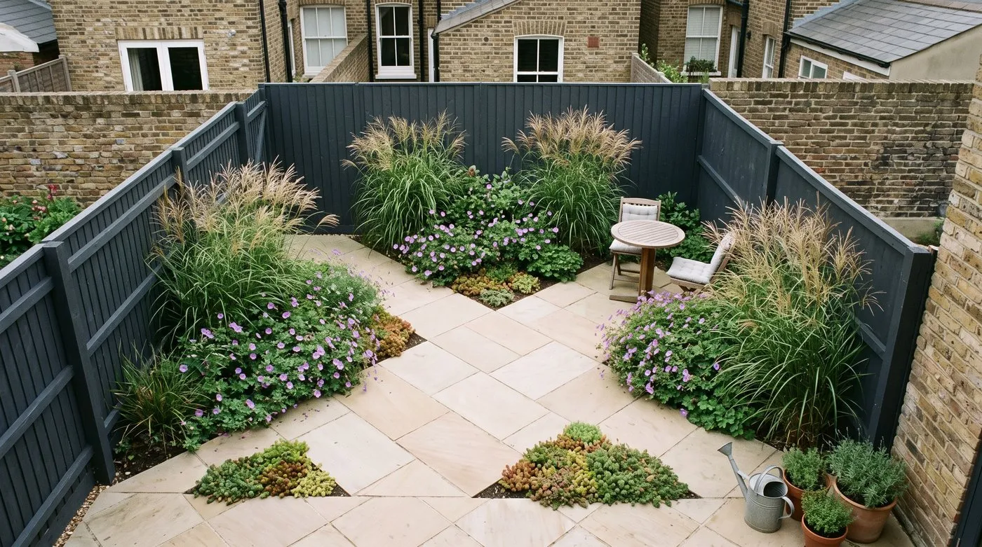 Small square garden design in a London terrace, paving laid on a 45-degree diagonal with layered planting hiding the boundary fences
