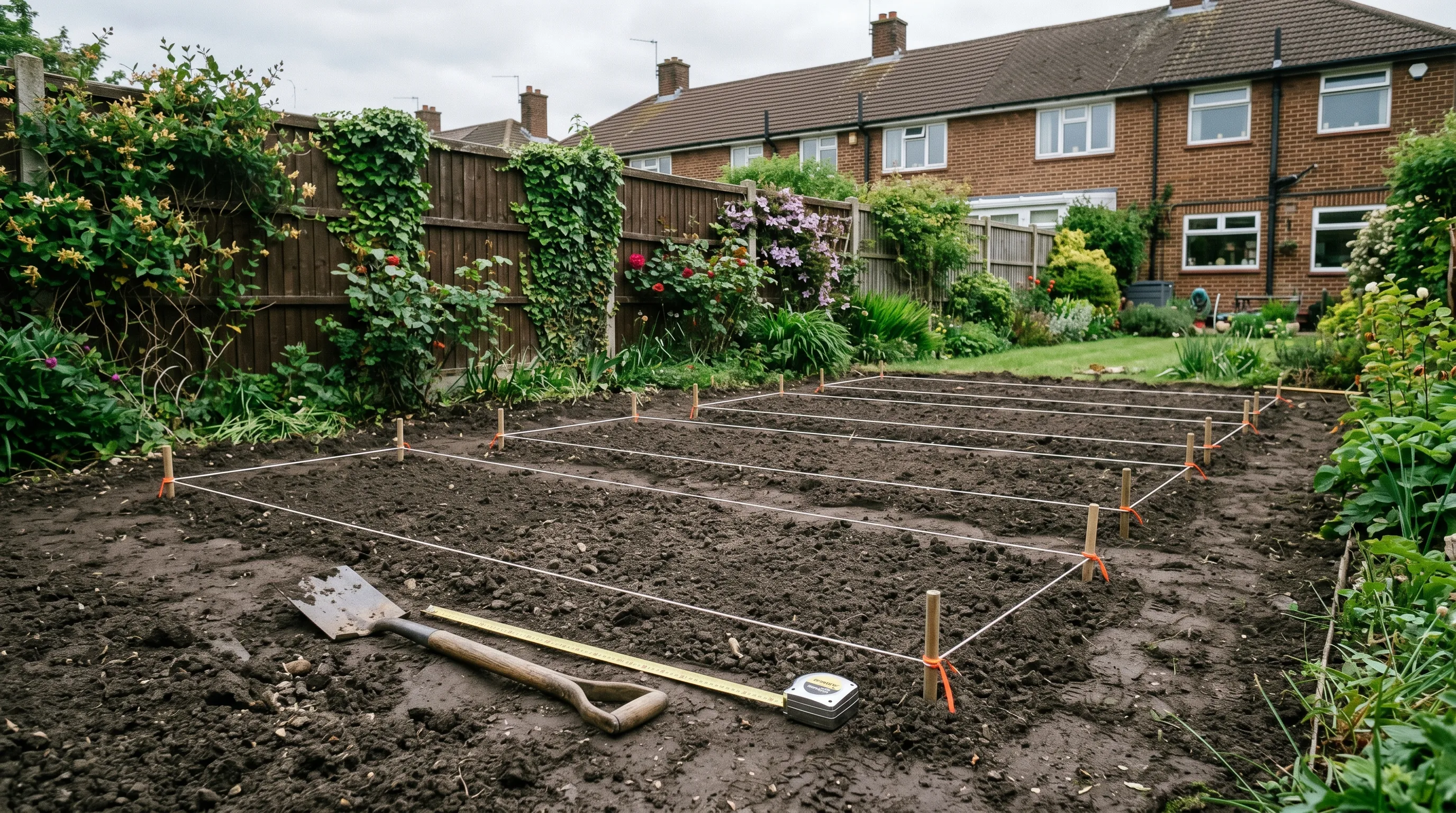 A clear bed-layout plan showing four raised beds with measured 1.2m widths and 50cm paths marked out with string lines in a UK garden
