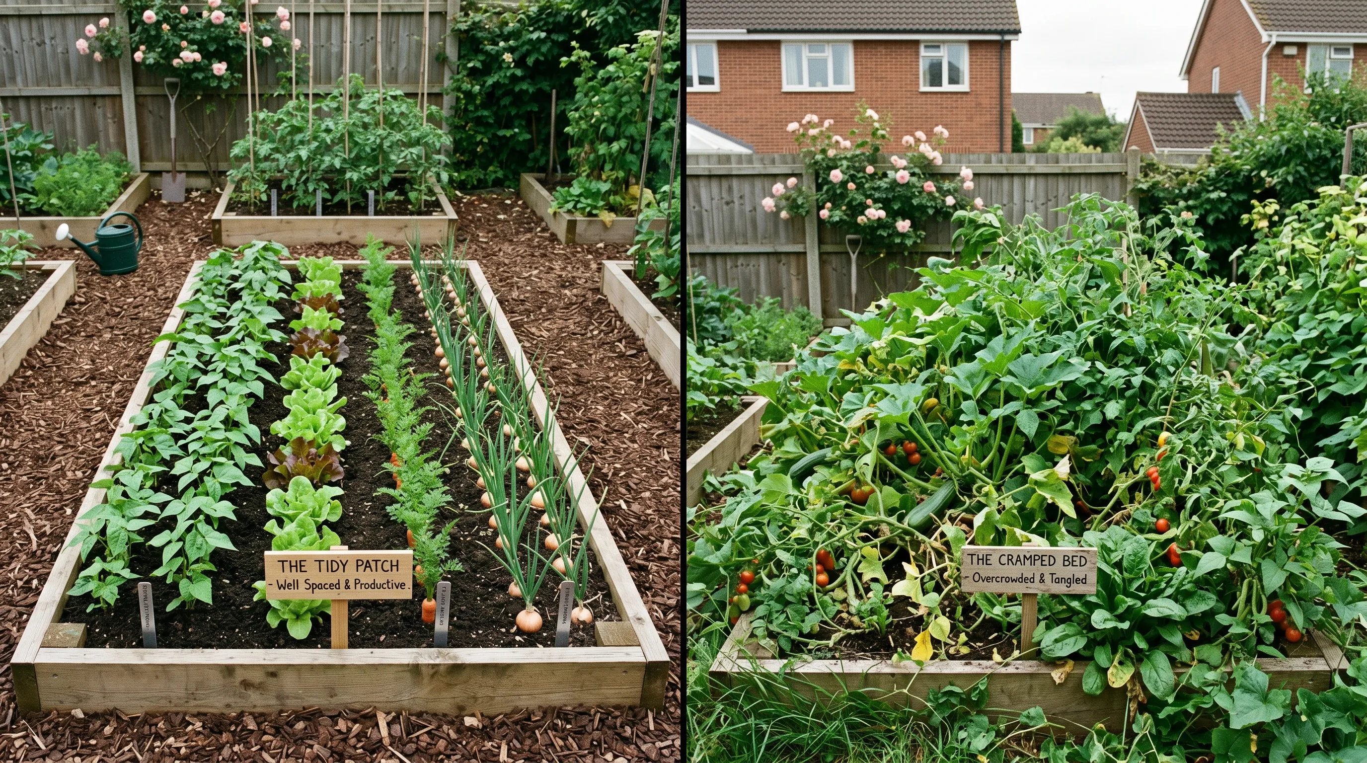 Two small vegetable garden layouts compared side by side, a well-spaced bed with clear paths on the left and a cramped bed with no paths on the right