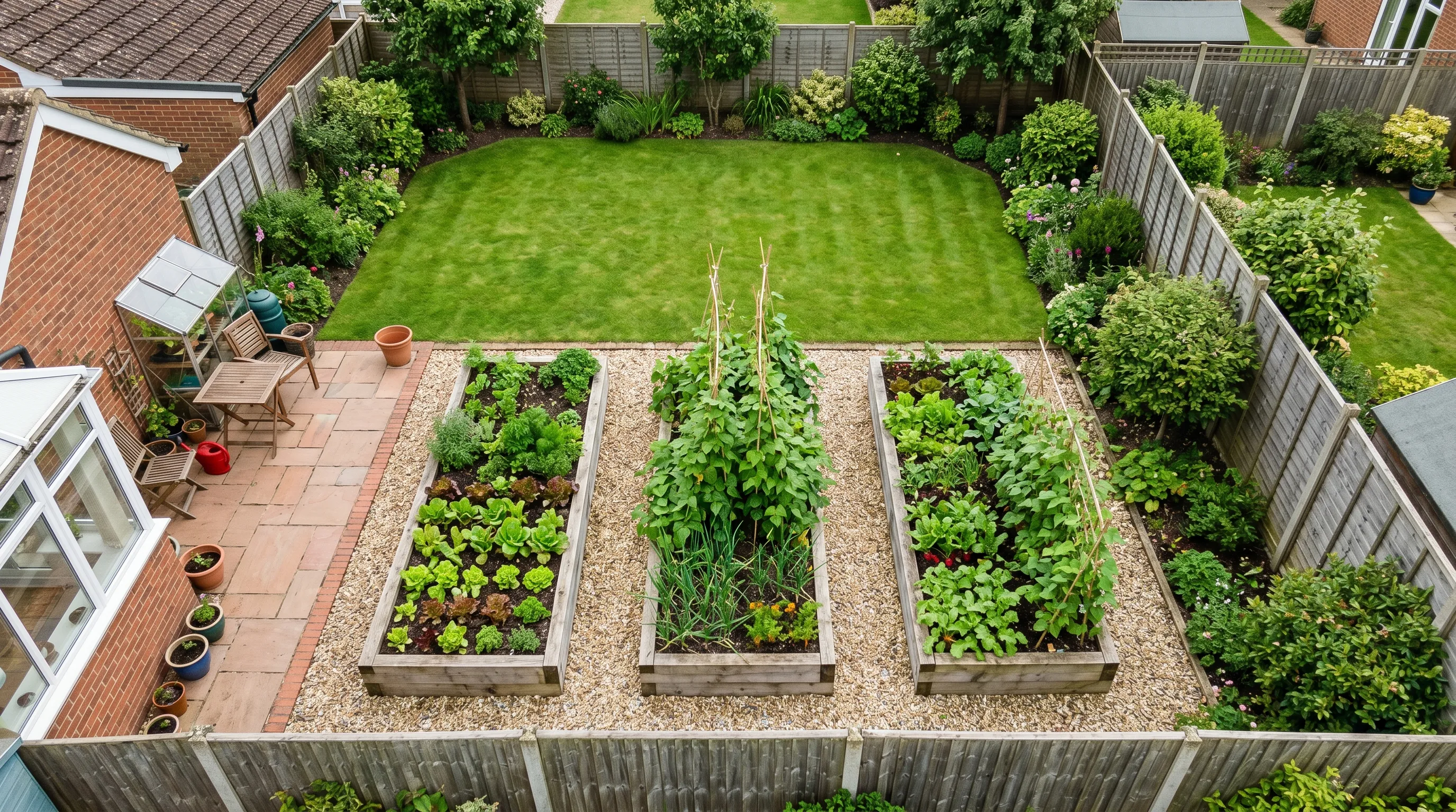 Overhead view of a small UK back garden with three timber raised beds laid out north to south and gravel paths between them
