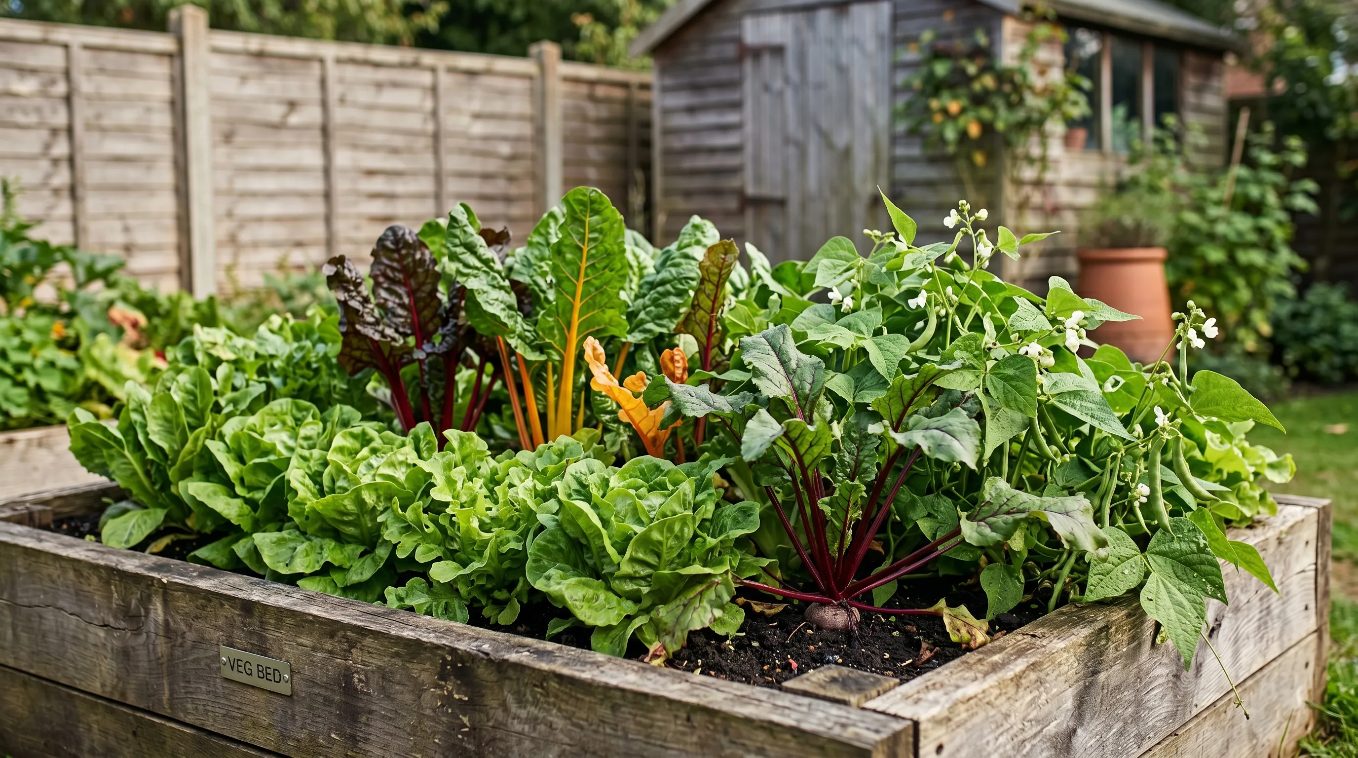 A productive small raised bed packed with lettuce, beetroot, chard and dwarf beans in a real UK suburban garden in summer