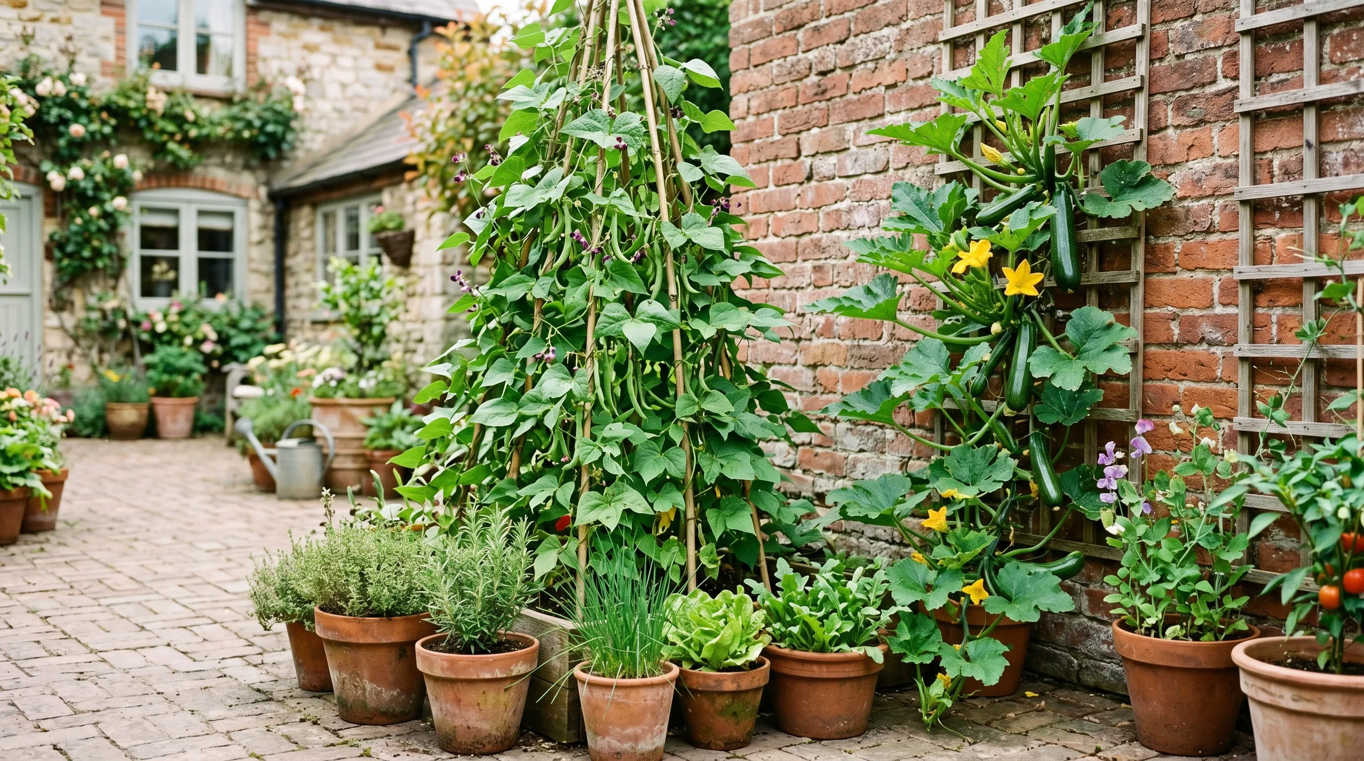 A timber bean wigwam and a trellis of climbing courgettes against a fence in a small UK courtyard vegetable garden