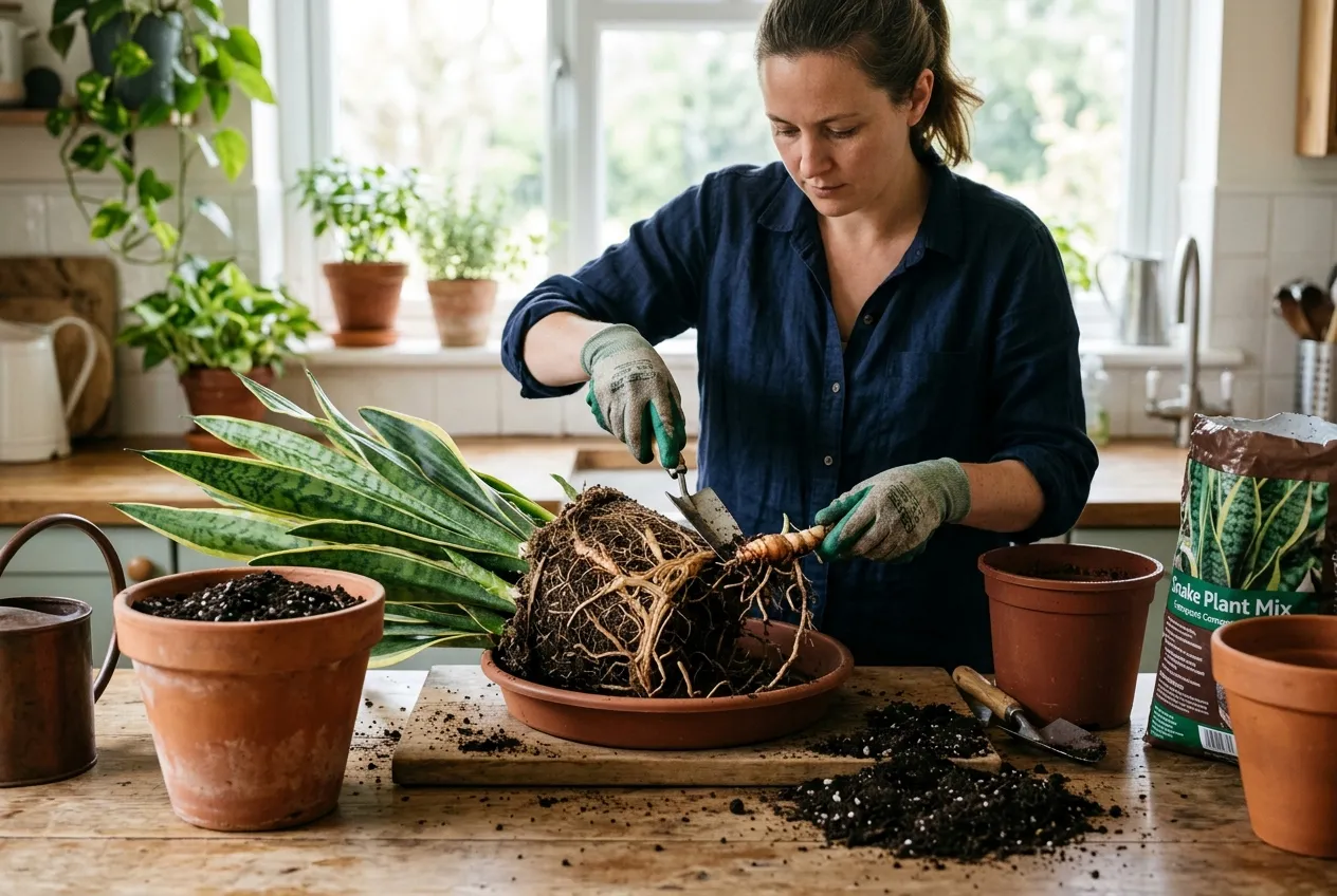 Dividing and repotting a snake plant at a kitchen counter showing visible root ball and rhizome separation with terracotta pots ready