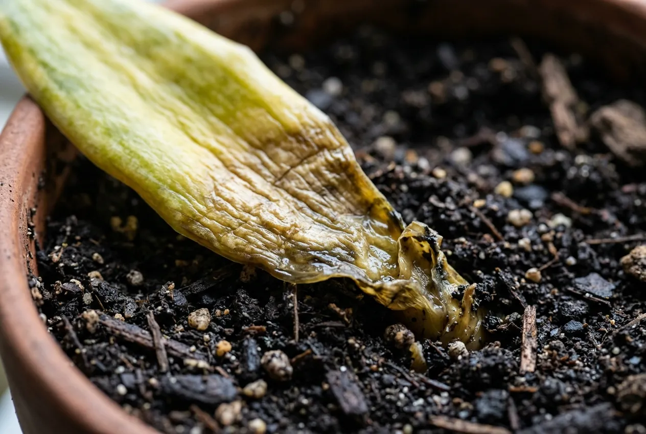 Close-up of the soft yellowing mushy base of a drooping snake plant leaf