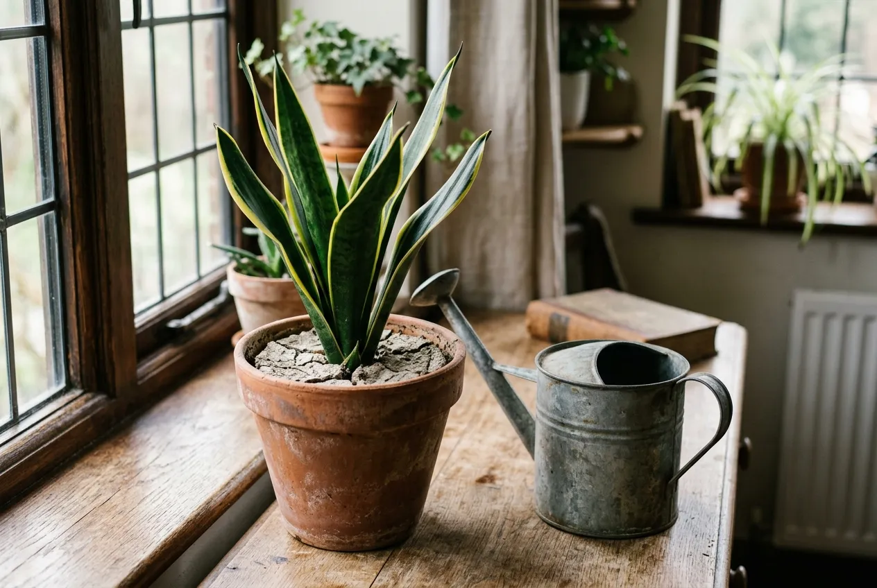 A watering can beside a snake plant with visibly dry soil illustrating sparse watering