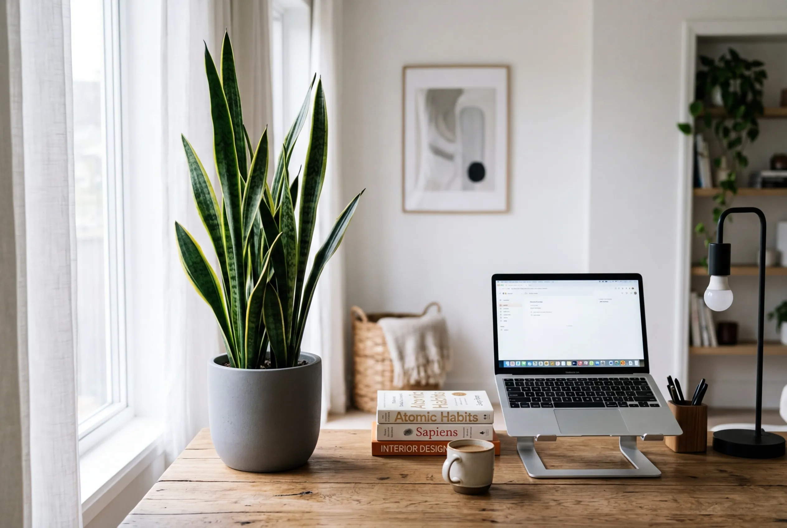 Snake plant on a wooden desk in a bright UK home office with natural light from a window, laptop and books nearby