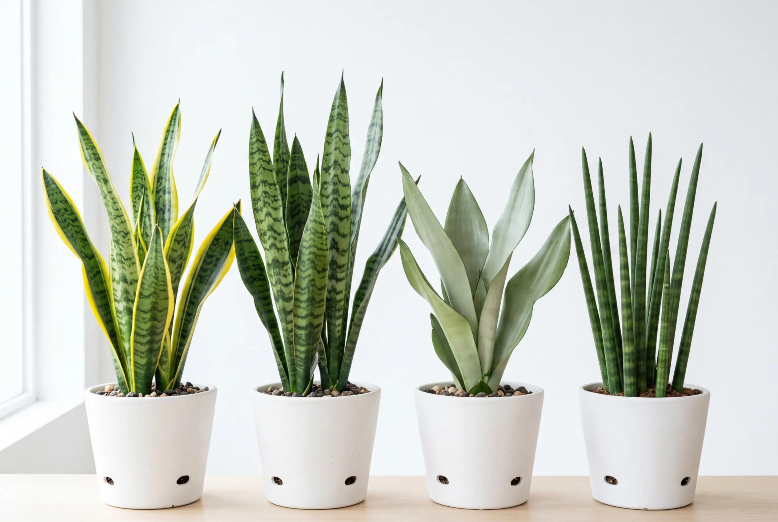 Snake plant varieties comparison showing Laurentii, Zeylanica, Moonshine, and cylindrica types in white ceramic pots