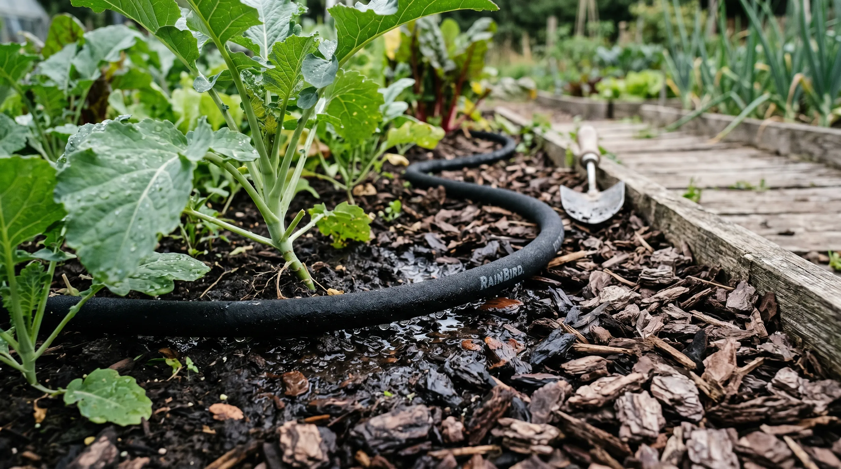 Soaker hose laid along a UK vegetable bed and partly covered with bark mulch, water seeping slowly into the soil at the plant base