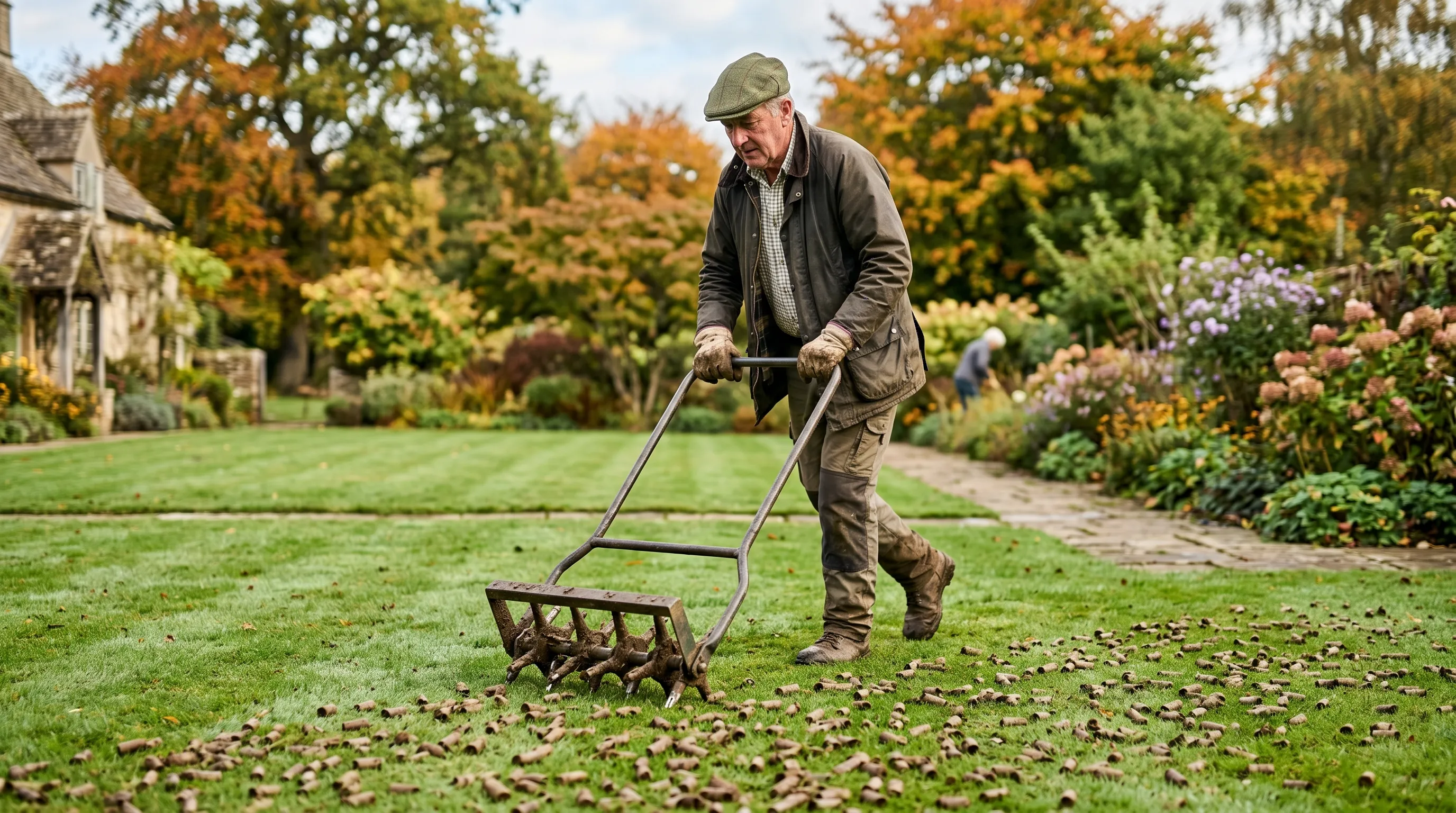A UK gardener aerating a compacted lawn with a hollow-tine aerator in early autumn, with visible cylindrical soil cores removed from the grass surface
