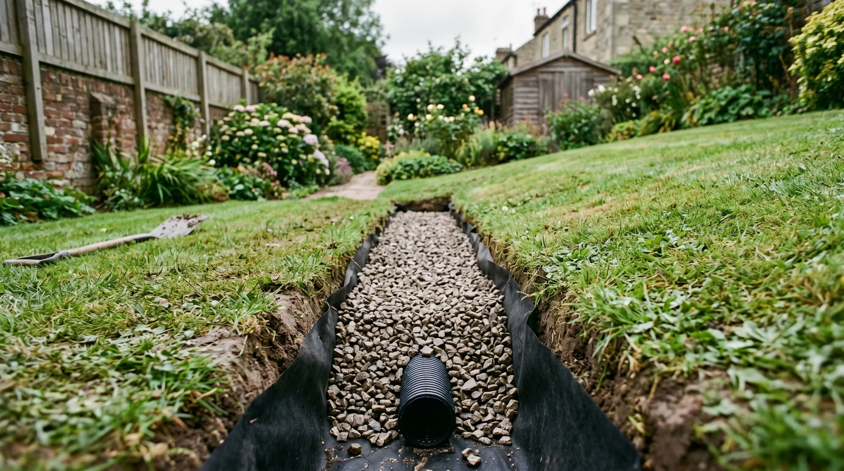 A UK back garden showing a freshly installed French drain trench filled with gravel running across the bottom of a sloped lawn, with the perforated pipe visible at the base