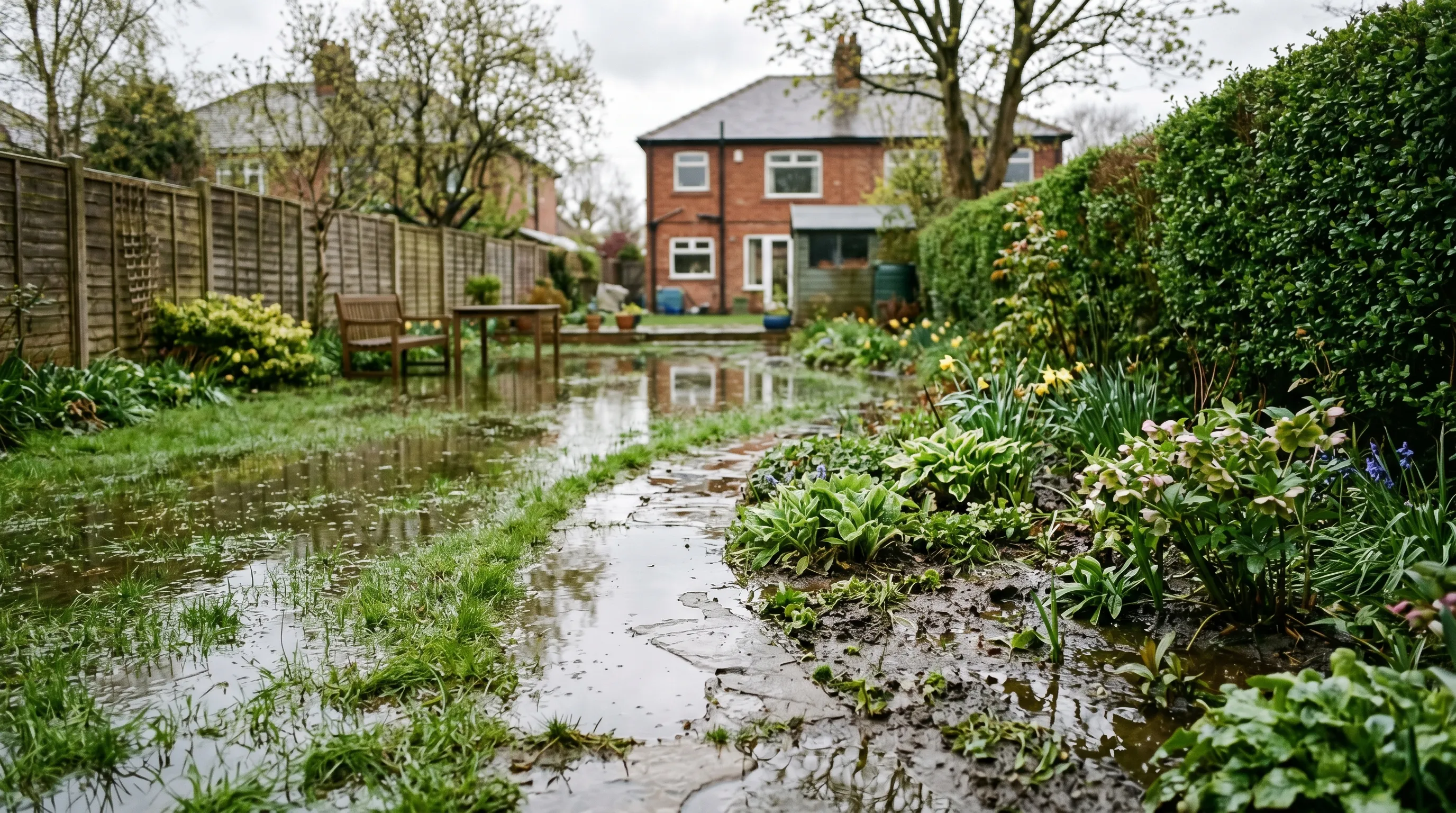 A UK back garden showing standing water across a waterlogged lawn after heavy spring rainfall with flowerbeds visibly saturated and pathways under water