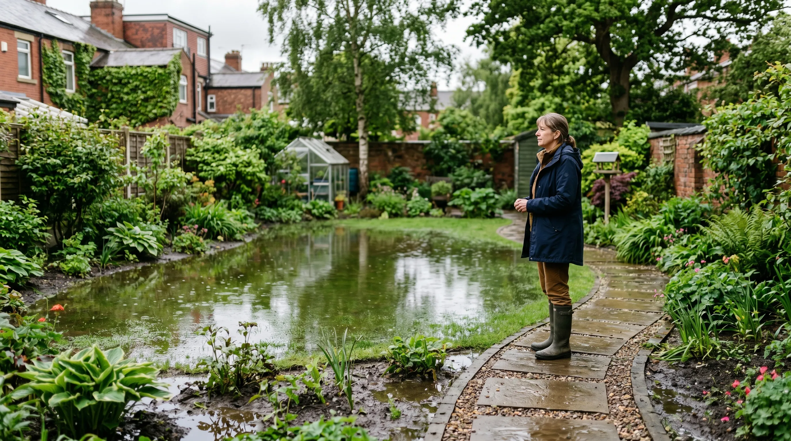 A UK back garden 24 hours after heavy rain showing standing water across the lawn and beds, with the gardener observing from a stable paved path rather than walking on the saturated ground