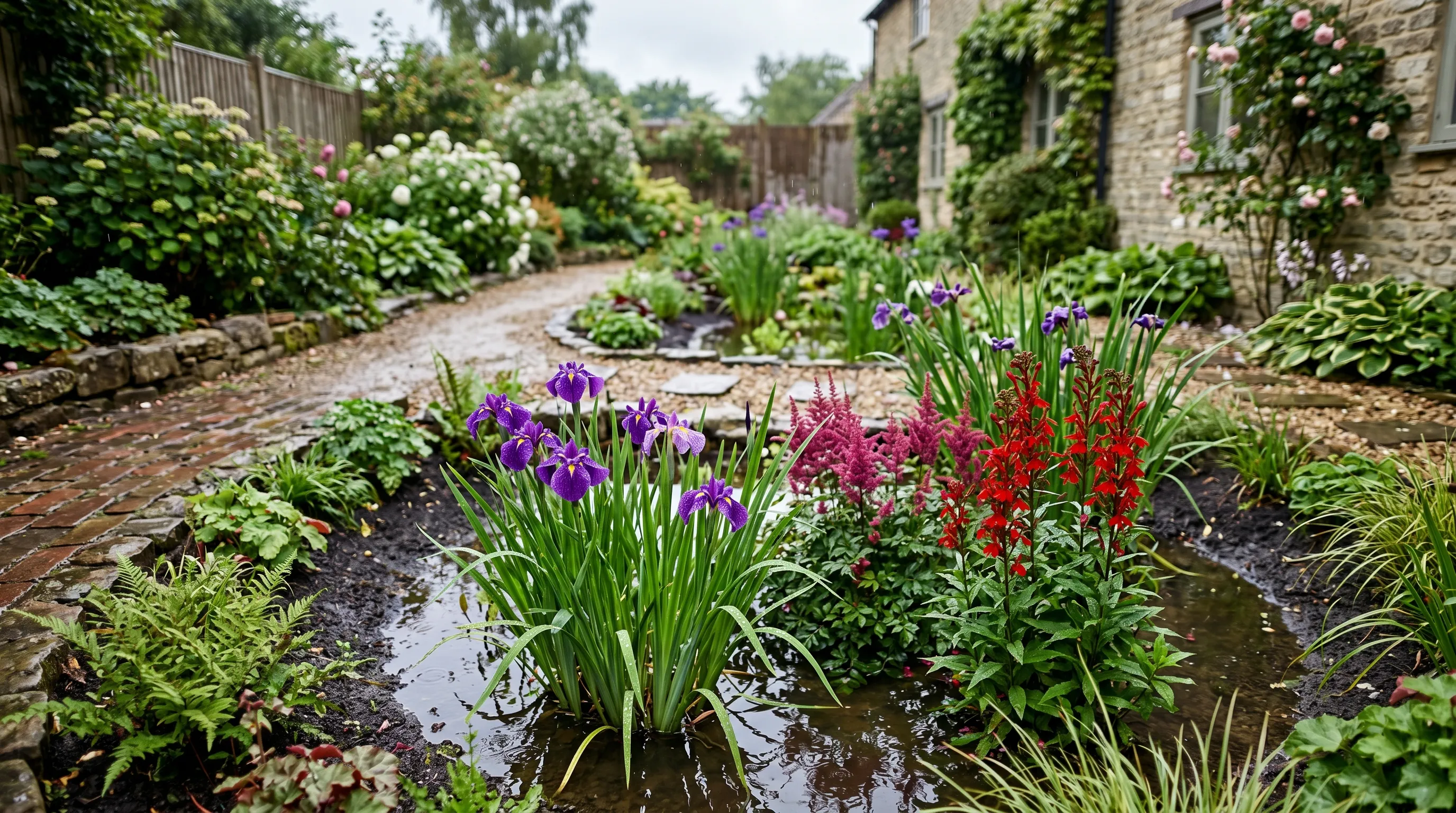 A UK back garden showing a designed rain garden depression with bog-tolerant planting (Iris ensata, Astilbe, Lobelia cardinalis) in the lowest part of the garden after a recent heavy rain